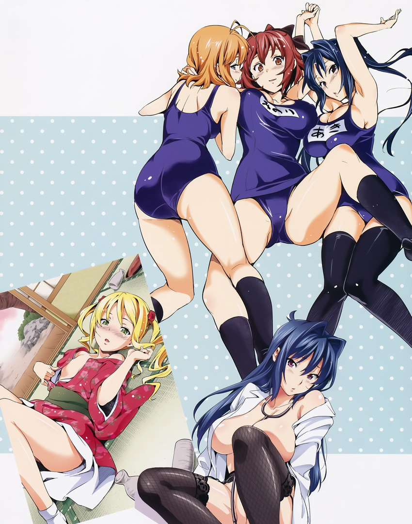 5girls absurdres ahoge blonde_hair blue_eyes blue_hair breasts brown_eyes brown_hair cleavage erect_nipples green_eyes highres himegami_kodama large_breasts long_hair lying maken-ki! medium_breasts multiple_girls nijou_aki official_art open_clothes purple_eyes red_hair rokujo_minori rokujou_minori school_swimsuit short_hair small_breasts spread_legs swimsuit takeda_hiromitsu thighhighs twintails