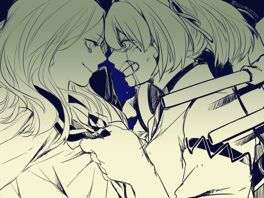 2girls abyssal_ship angry cannon clenched_teeth collar_grab commentary_request crying deco_(geigeki_honey) eye_contact ise_(kancolle) kantai_collection long_hair looking_at_another monochrome multiple_girls sailor_collar short_hair short_ponytail smirk ta-class_battleship tears teeth turret
