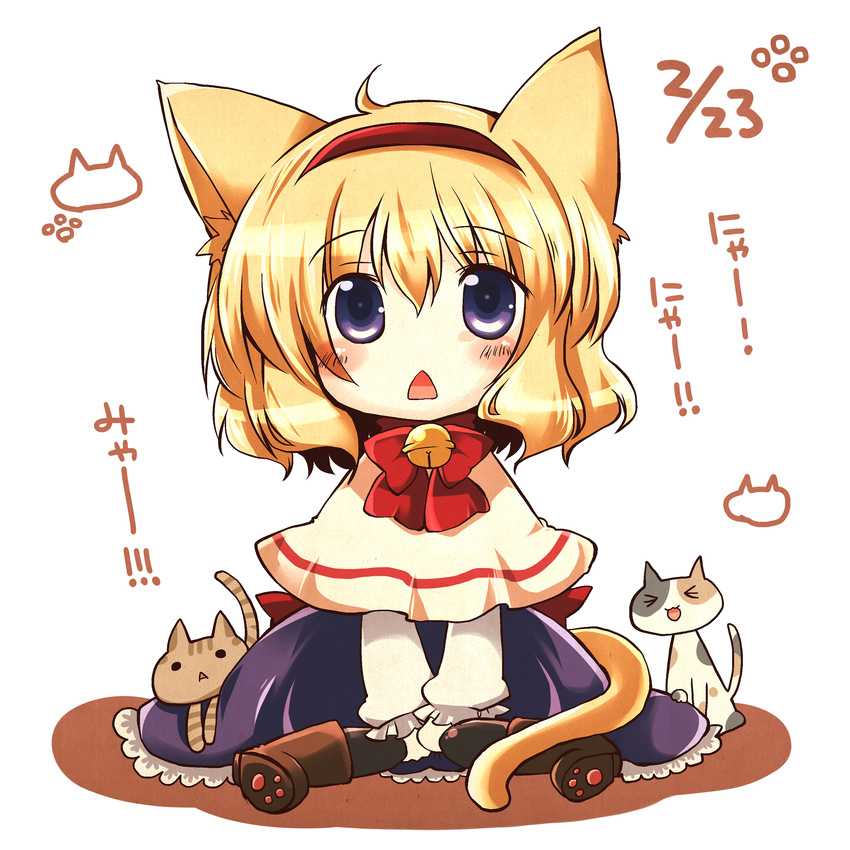 absurdres alice_margatroid animal_ears blonde_hair blue_eyes capelet cat cat_ears cat_paws cat_tail chibi futami_yayoi hairband highres open_mouth paws sash sitting tail touhou triangle_mouth wariza