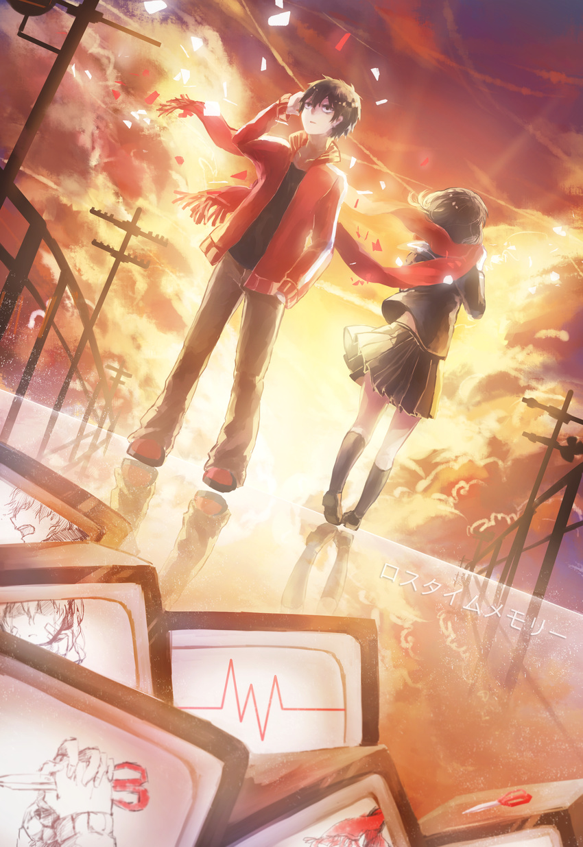 1girl absurdres bad_id bad_pixiv_id black_hair domik ene_(kagerou_project) highres kagerou_project kisaragi_shintarou long_hair loss_time_memory_(vocaloid) orange_sky red_scarf scarf school_uniform scissors serafuku short_hair sky sunset tateyama_ayano