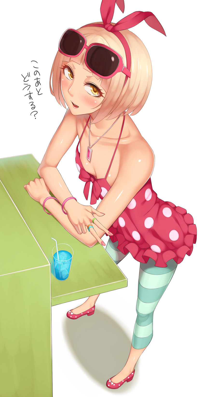 absurdres bad_id bad_pixiv_id bare_shoulders blonde_hair blush bracelet breasts cleavage dress eyewear_on_head glass hairband highres jewelry kedama_keito looking_at_viewer necklace no_socks open_mouth original polka_dot polka_dot_dress polka_dot_footwear ring shoes short_hair sleeveless sleeveless_dress small_breasts solo sunglasses translated water yellow_eyes