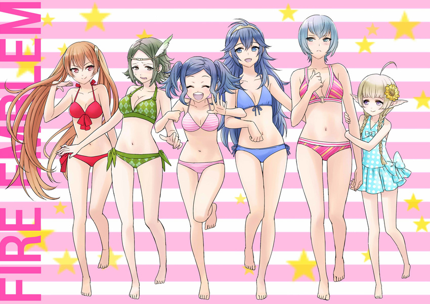 ^_^ ahoge argyle bikini blonde_hair blue_bikini blue_eyes blue_hair braid breasts cleavage closed_eyes copyright_name cynthia_(fire_emblem) degel fire_emblem fire_emblem:_kakusei flower green_bikini green_eyes green_hair hair_flower hair_ornament haru_(haruna0112) highres lucina mamkute medium_breasts multiple_girls nn_(fire_emblem) noire_(fire_emblem) open_mouth pink_bikini pointy_ears purple_eyes red_bikini red_eyes red_hair selena_(fire_emblem) small_breasts smile star striped striped_bikini striped_swimsuit sunflower swimsuit twin_braids twintails