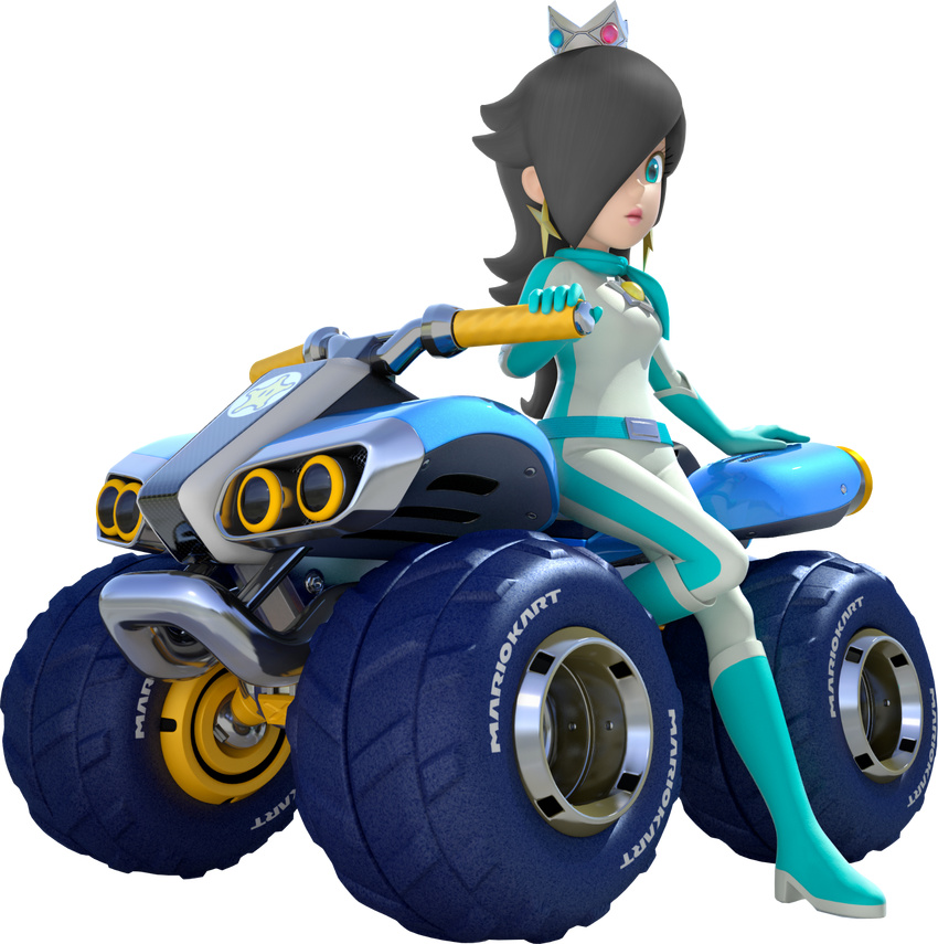 alternate_color atv black_hair blue_eyes blue_gloves blue_shoes boots crown earrings gloves hair_over_eye hair_over_one_eye highres jewelry jumpsuit lips looking_at_viewer mario_(series) mario_kart motor_vehicle official_art photoshop quad rosetta_(mario) shoes star star_(symbol) super_mario_bros. super_mario_galaxy vehicle