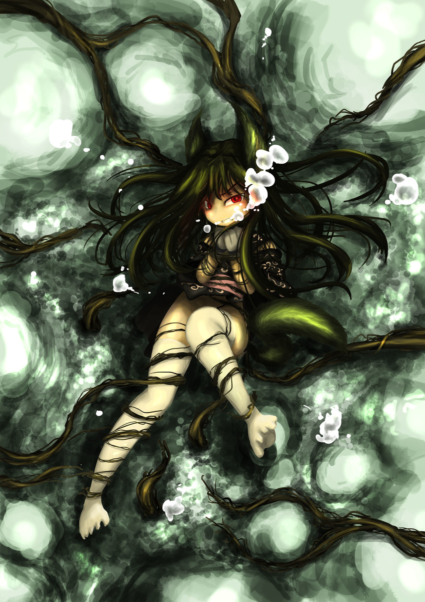 animal_ears asphyxiation branch drowning fox_ears japanese_clothes kimono monster_girl peril restrained rou271 rou_(artist) tentacle underwater