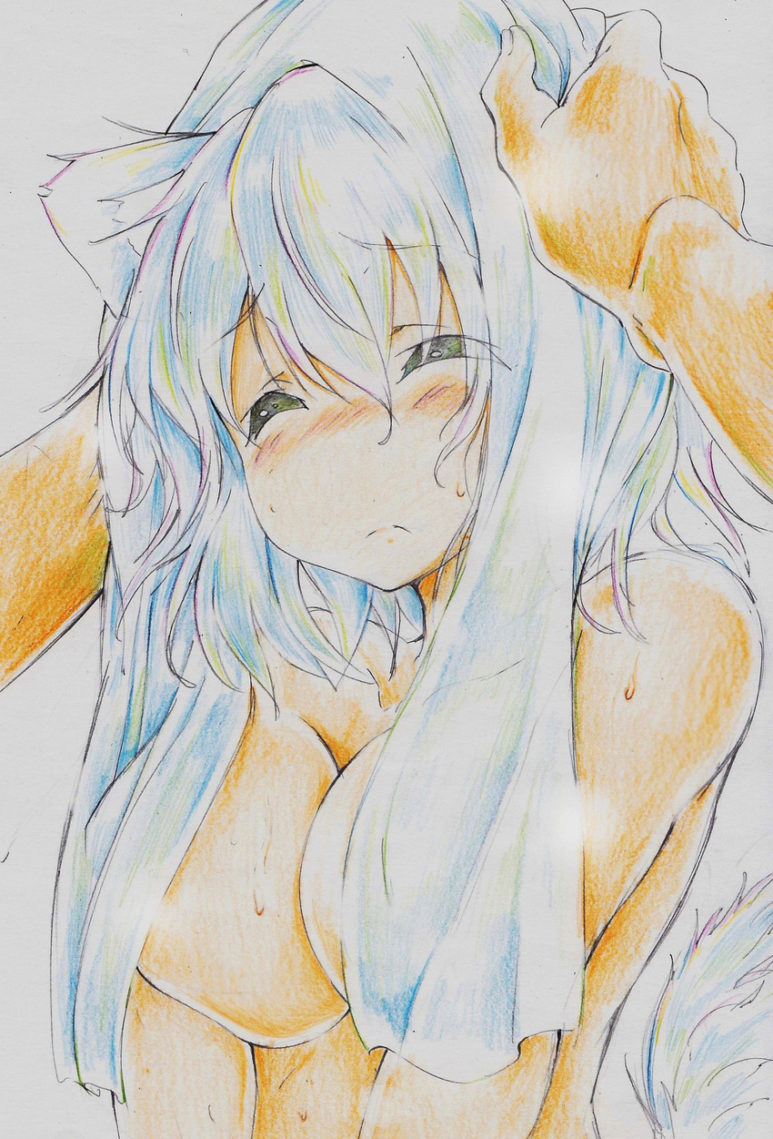 absurdres animal_ears blush breasts closed_eyes colored_pencil_(medium) convenient_censoring highres inubashiri_momiji kitazinger large_breasts nude short_hair solo_focus tail touhou towel towel_around_neck traditional_media wolf_ears wolf_tail