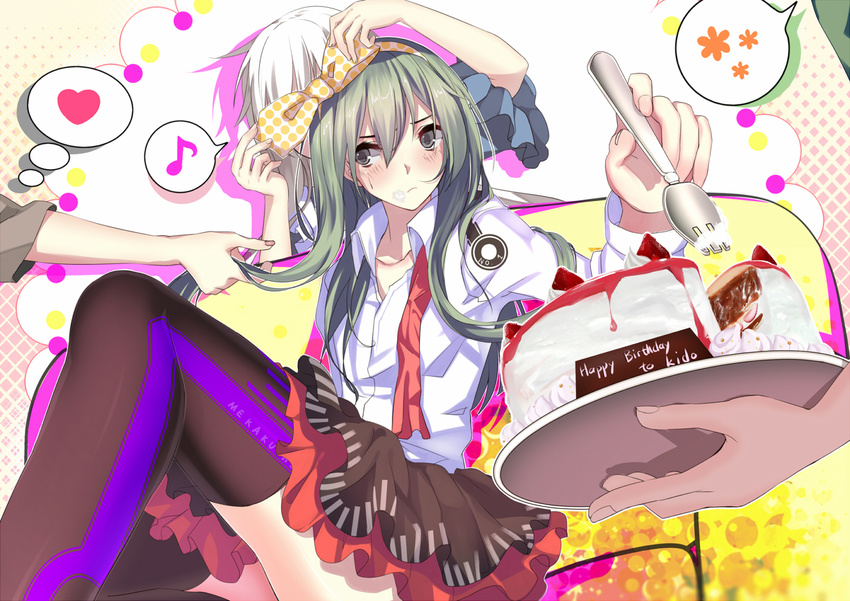 aki663 bow cake food fork green_hair hair_bow happy_birthday kagerou_project kano_shuuya kido_tsubomi kozakura_marry long_hair multiple_girls seto_kousuke silver_hair solo_focus