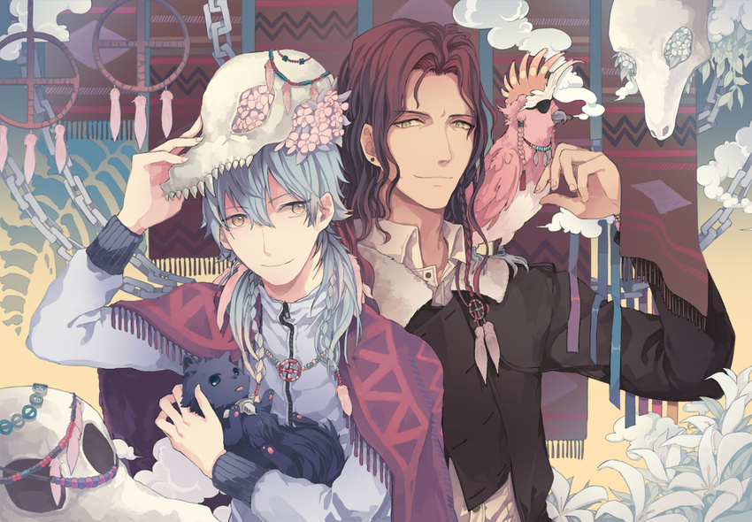 bad_id bad_pixiv_id bird blue_hair braid brown_hair chain dog dramatical_murder dream_catcher feathers flower long_hair male_focus mink_(dramatical_murder) mogi_(green_tea_planet) multiple_boys ren_(dramatical_murder) seragaki_aoba skull smile smoking tori_(dramatical_murder)