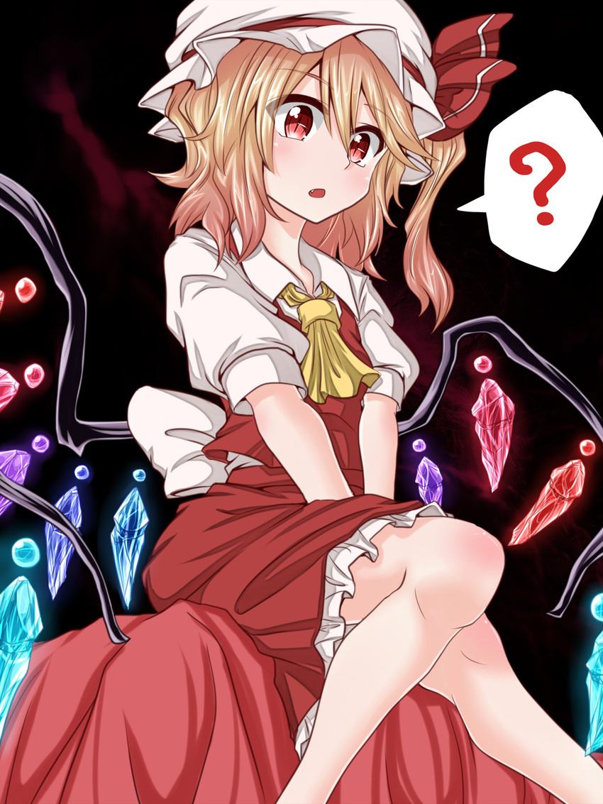 :o ? ascot asymmetrical_hair asymmetrical_wings bed_sheet benizuwai between_legs blonde_hair blouse dress fang flandre_scarlet hand_between_legs hat highres looking_at_viewer mob_cap puffy_short_sleeves puffy_sleeves red_dress red_eyes short_hair short_sleeves side_ponytail sitting sitting_on_object slit_pupils solo spoken_question_mark touhou white_blouse wings