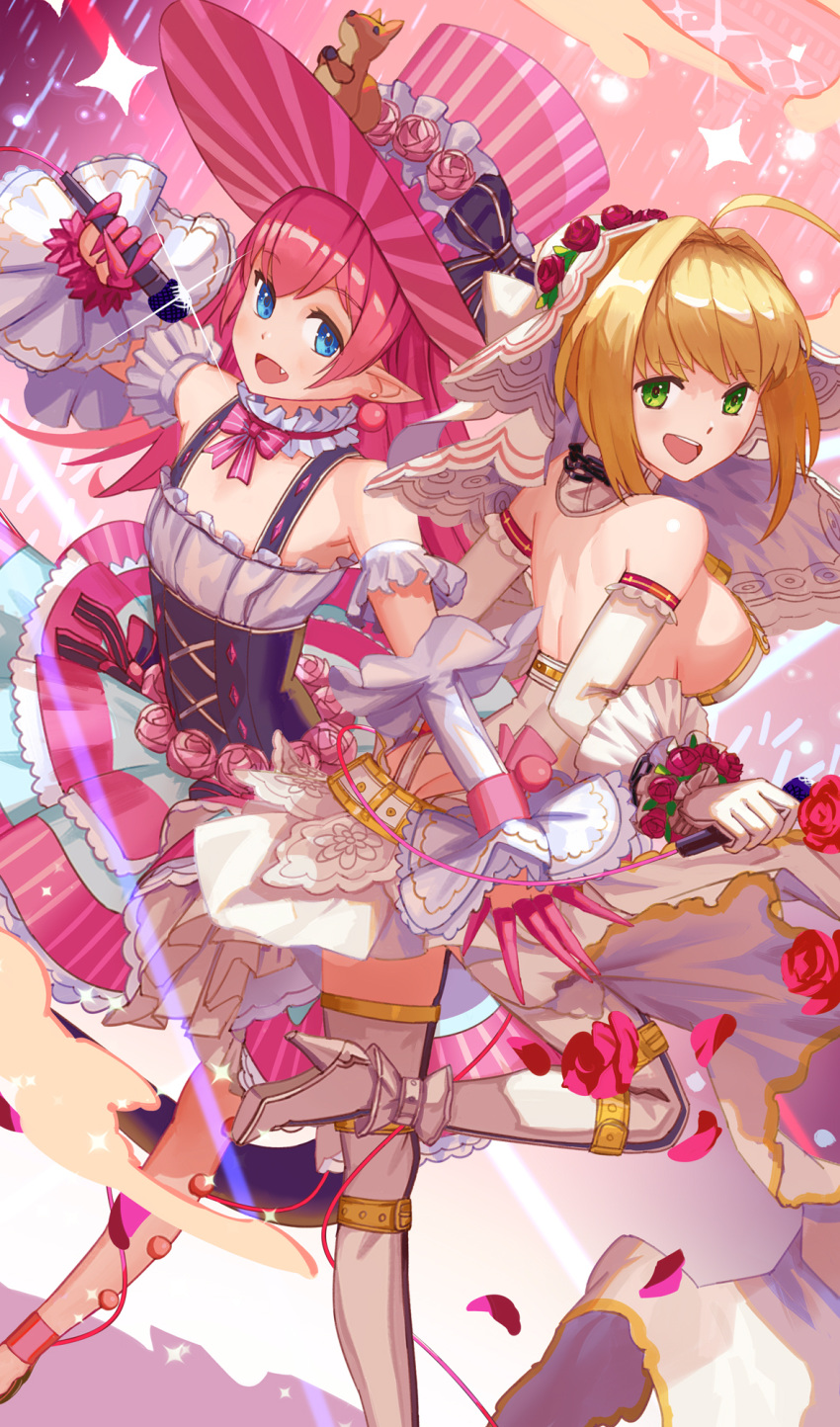 2girls :d ahoge bare_back bare_shoulders blonde_hair blue_eyes blush boots breasts detached_collar earrings elbow_gloves elizabeth_bathory_(fate) elizabeth_bathory_(fate)_(all) eyebrows_visible_through_hair fang fate/grand_order fate_(series) flat_chest flower from_behind glint gloves green_eyes hair_intakes hair_ornament hat high_heel_boots high_heels highres holding holding_microphone jewelry large_breasts long_hair looking_at_viewer looking_back microphone multiple_girls nero_claudius_(bride)_(fate) nero_claudius_(fate)_(all) open_mouth pink_flower pink_hair pink_hat pointy_ears short_hair sideboob smile squirrel star tea_sly thigh_boots thighhighs top_hat white_footwear white_gloves