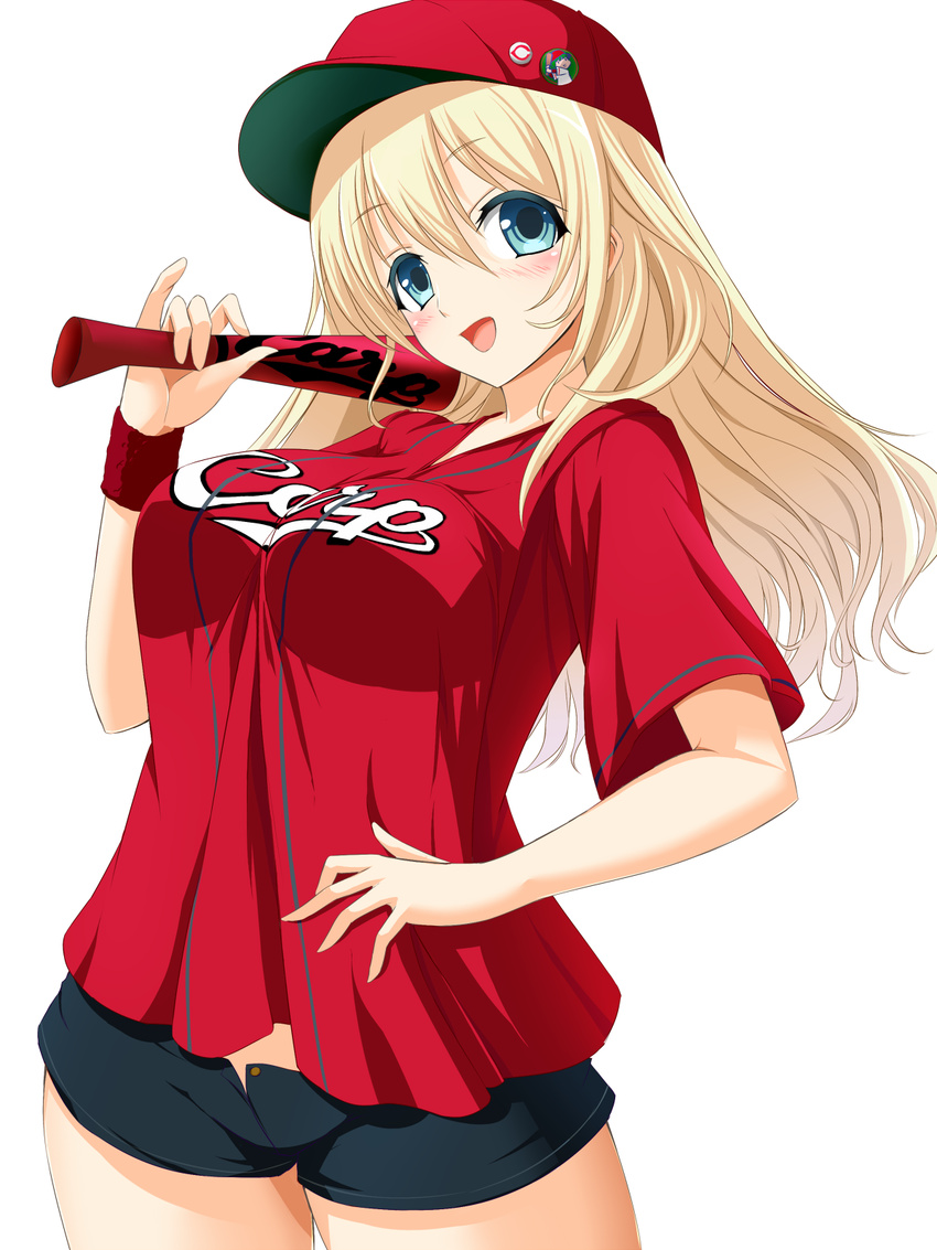 :d alternate_costume atago_(kantai_collection) baseball_bat baseball_cap baseball_uniform blonde_hair blue_eyes blush breasts bug_(artist) hat highres hiroshima_touyou_carp kantai_collection large_breasts long_hair looking_at_viewer nippon_professional_baseball open_mouth over_shoulder short_shorts shorts smile solo sportswear