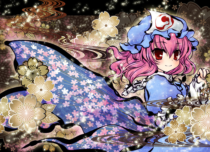 cherry_blossoms chino_(ch_no) hat looking_at_viewer mob_cap pink_hair red_eyes saigyouji_yuyuko short_hair smile solo touhou triangular_headpiece wind