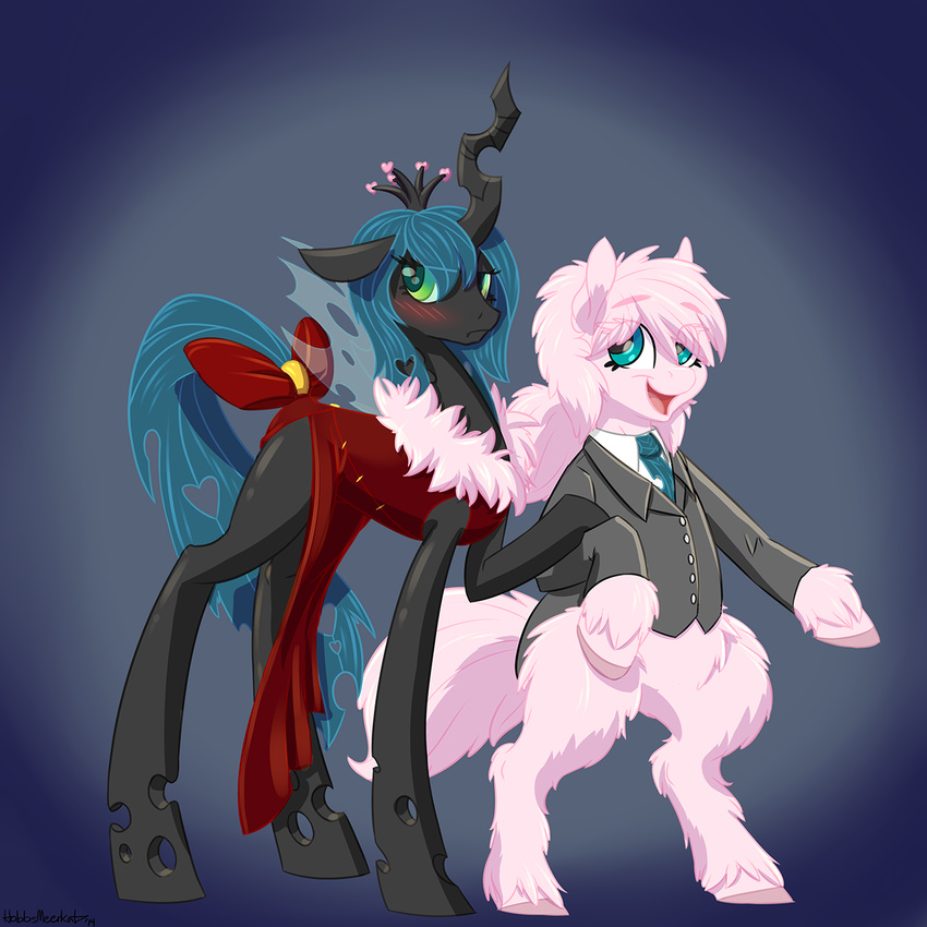 &lt;3 2014 blue_eyes blush changeling clothing couple crown dress duo earth_pony equine female fluffle_puff friendship_is_magic fur green_eyes green_hair hair hobbsmeerkat holes horn horse mammal my_little_pony pink_fur pony queen_chrysalis_(mlp) slit_pupils suit