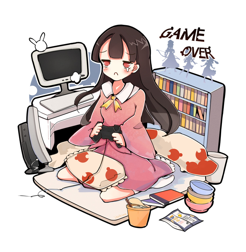 :c animal_ears artist_name black_hair blanket bowl braid bunny_ears chips computer controller dress english food frown futon game_controller game_over hat highres houraisan_kaguya inaba_tewi itohime long_hair neet noodles pillow playing_games potato_chips ribbon seiza silhouette simple_background sitting solo teardrop touhou white_background yagokoro_eirin
