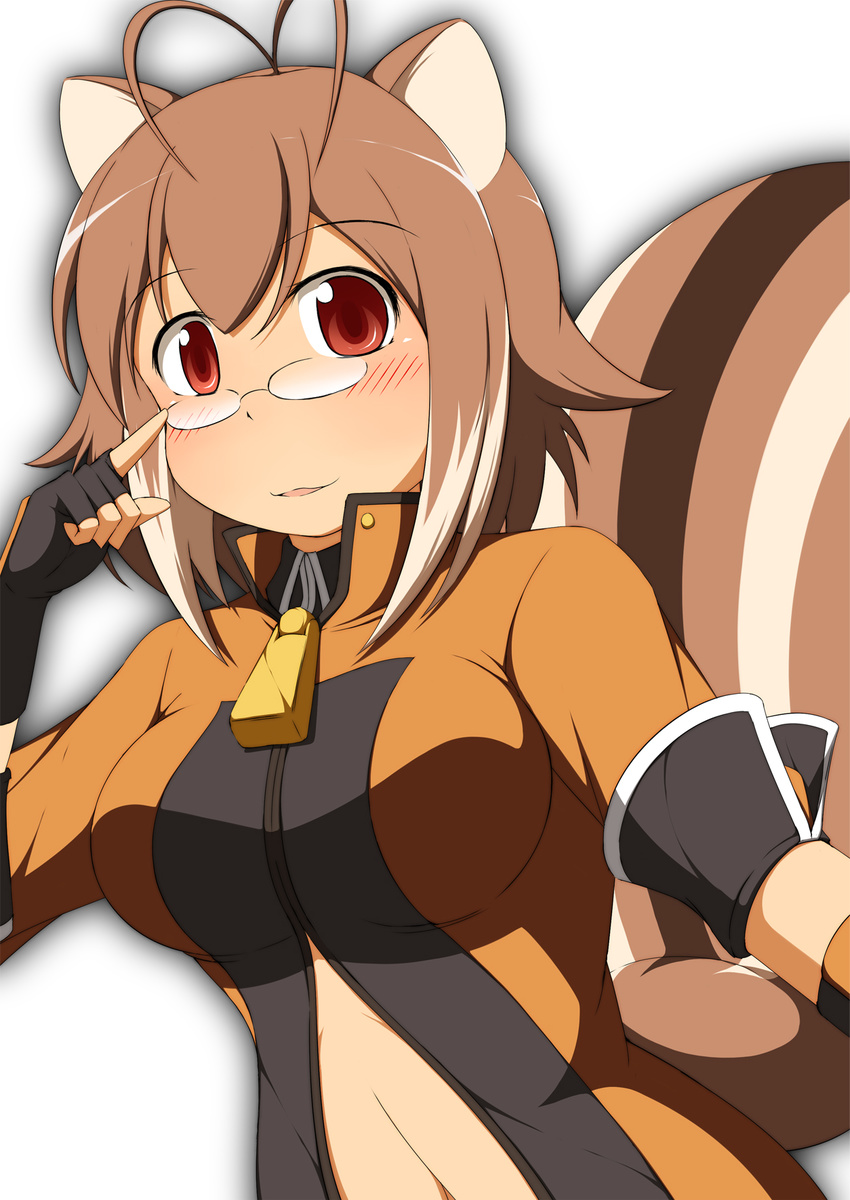 ahoge alternate_costume animal_ears bespectacled blazblue blush breasts brown_hair glasses gloves highres large_breasts looking_at_viewer makoto_nanaya mirano multicolored_hair navel orange_shirt red_eyes shirt short_hair solo squirrel_ears squirrel_tail tail two-tone_hair
