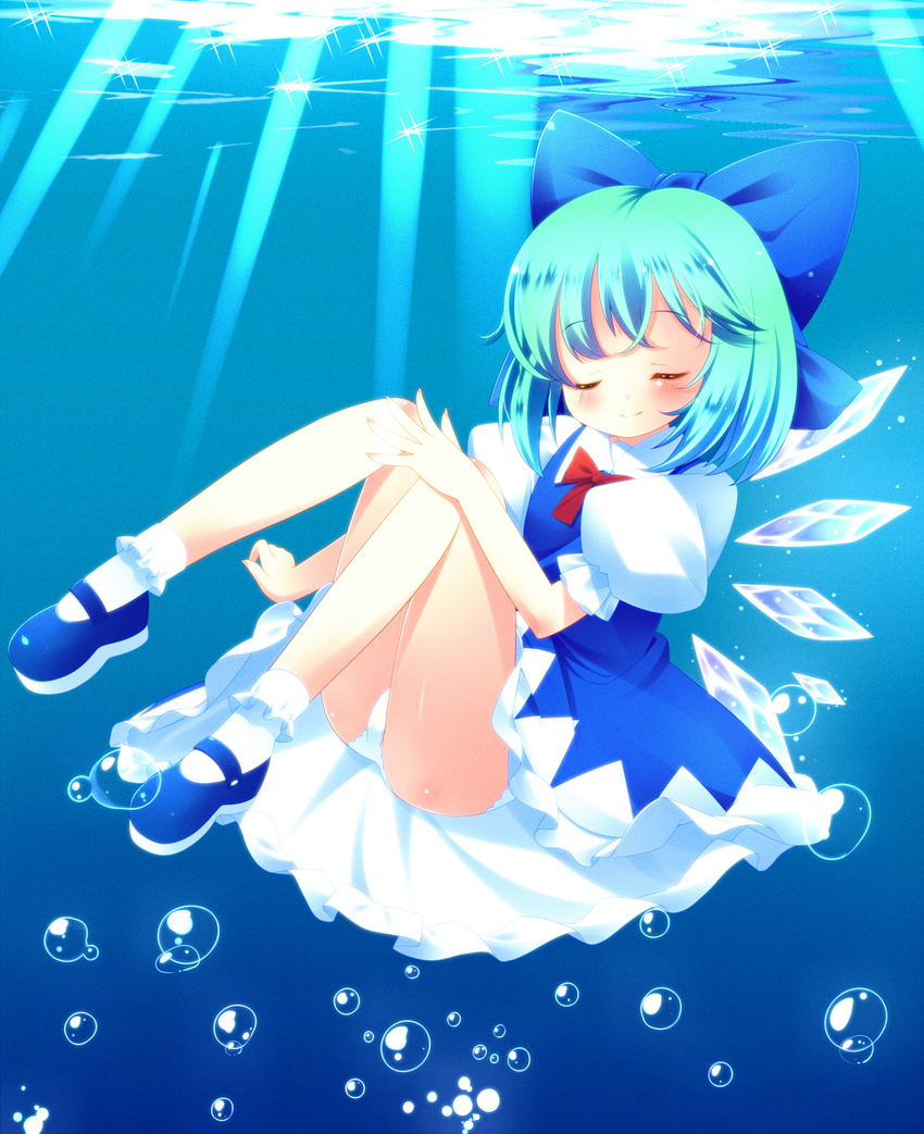 blue_hair bow bubble cirno closed_eyes facing_viewer hair_bow hair_ribbon highres ice ice_wings mary_janes ribbon shoes short_hair smile solo submerged touhou underwater wings zefa_(neoaltemice)