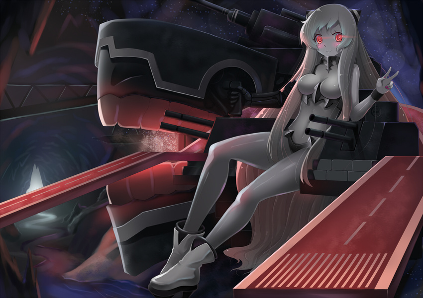 :3 airfield_hime al_bhed_eyes ankle_boots blush boots bracer horns kantai_collection long_hair looking_at_viewer machinery mechanical_arm midriff nail_polish pale_skin pink_nails red_eyes runway shinkaisei-kan solo sonikey0_0 v very_long_hair white_footwear white_hair