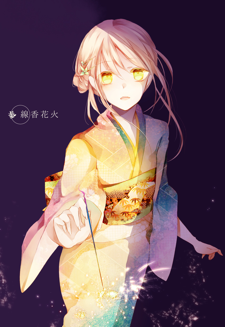 absurdres firecrackers highres japanese_clothes kimono long_hair obi original pink_hair sash solo summer yellow_eyes