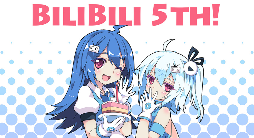 ahoge artist_request bili_girl_22 bili_girl_33 bilibili_douga birthday_cake blue_hair blush cake eyebrows_visible_through_hair fang food gloves hair_ornament highres holding holding_plate long_hair multiple_girls one_eye_closed open_mouth parted_lips plate puffy_short_sleeves puffy_sleeves red_eyes short_ponytail short_sleeves side_ponytail silver_hair sleeveless smile wallpaper white_gloves