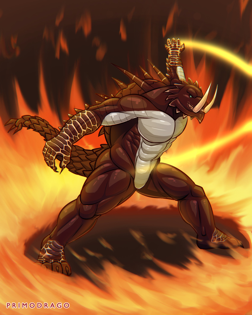 2018 4_toes 5_fingers akantor anthro blue_eyes brown_scales capcom featureless_crotch fighting_stance fire grin hi_res male monster_hunter muscular muscular_male navel nude primodrago scales smile solo toes video_games