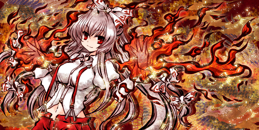 bow chino_(ch_no) fire fujiwara_no_mokou hair_bow hair_ribbon highres long_hair looking_at_viewer navel red_eyes ribbon silver_hair smile solo suspenders touhou