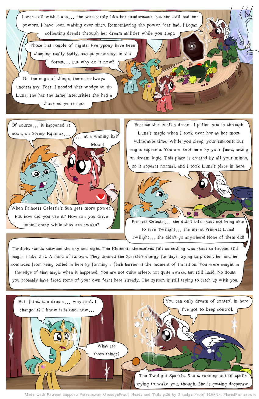 banana blindfold blush carrot comic dialog donkey eating equine female fight food friendship_is_magic fruit heads_and_tails horn horse male mammal melon my_little_pony original_character pomegranate pony sitting smudge_proof snails_(mlp) snips_(mlp) text tomato unicorn winged_unicorn wings