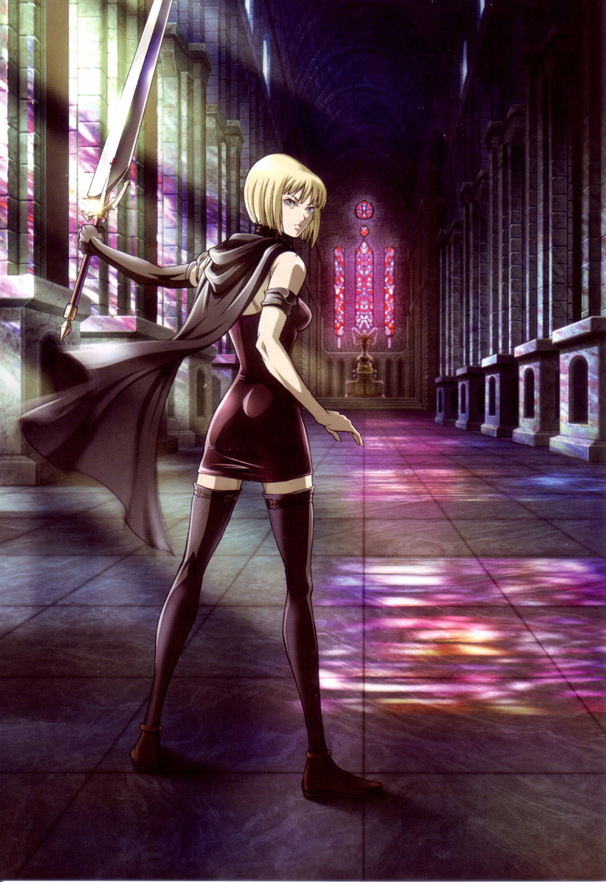 absurdres alternate_costume artist_request bare_shoulders blonde_hair cape clare_(claymore) claymore claymore_(sword) highres short_hair silver_eyes solo sword thighhighs weapon