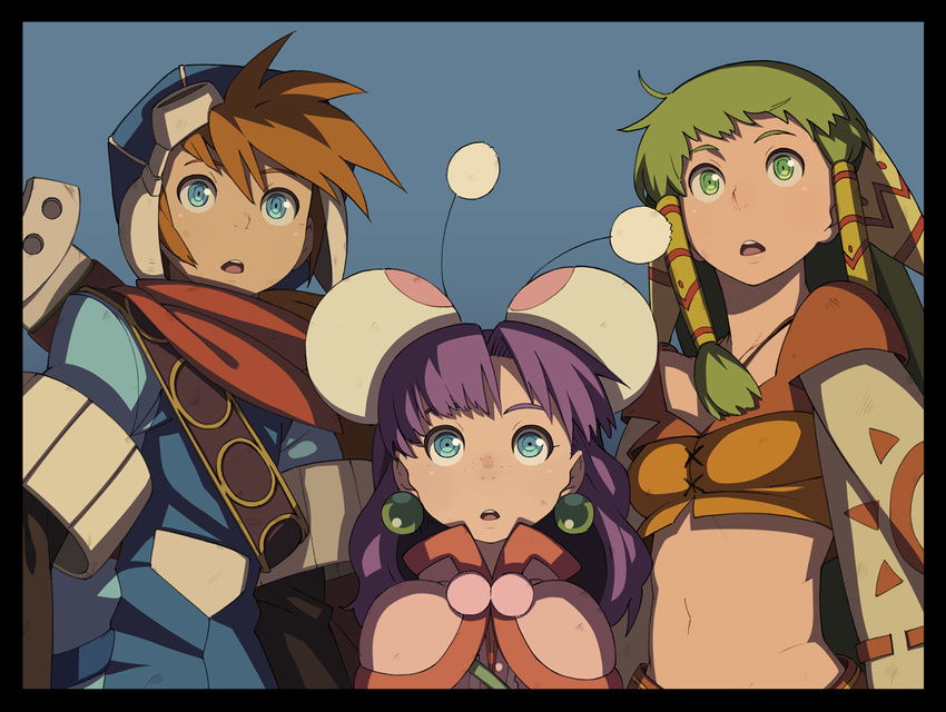 2girls blue_eyes earrings feena_(grandia) go_robots grandia green_eyes green_hair jewelry justin_(grandia) midriff multiple_girls purple_hair sue_(grandia)