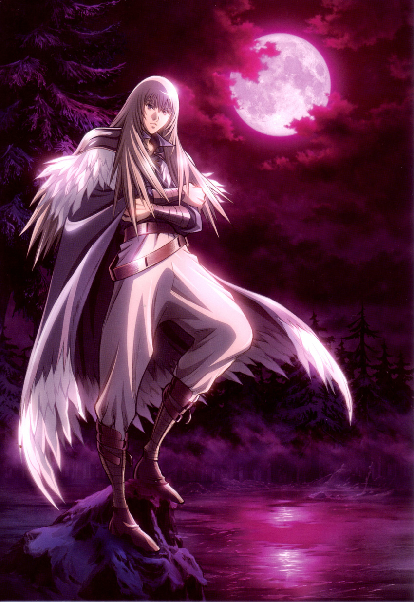 absurdres artist_request blonde_hair cape claymore highres isley long_hair male_focus moon scan sky solo