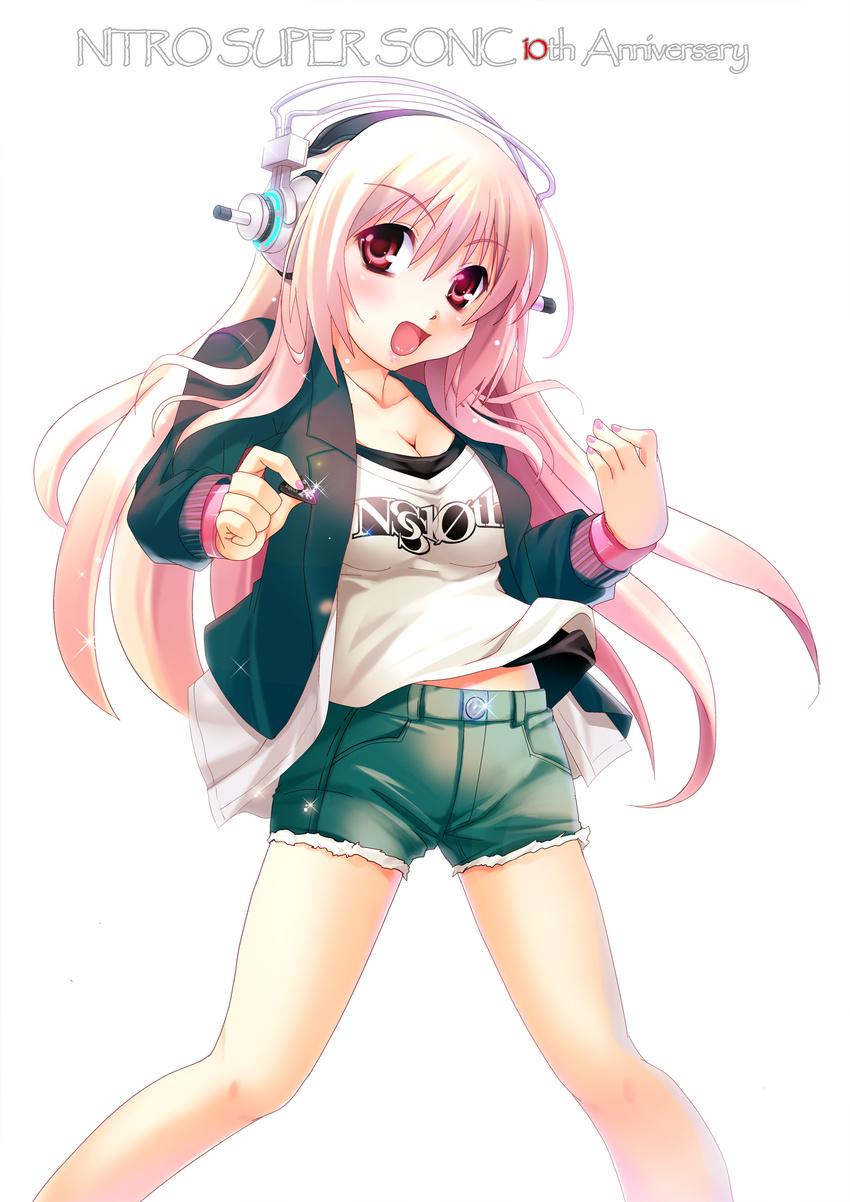 absurdres breasts cleavage headphones highres kouki_kuu medium_breasts nail_polish nitroplus pink_eyes pink_hair pink_nails plectrum shorts simple_background solo super_sonico