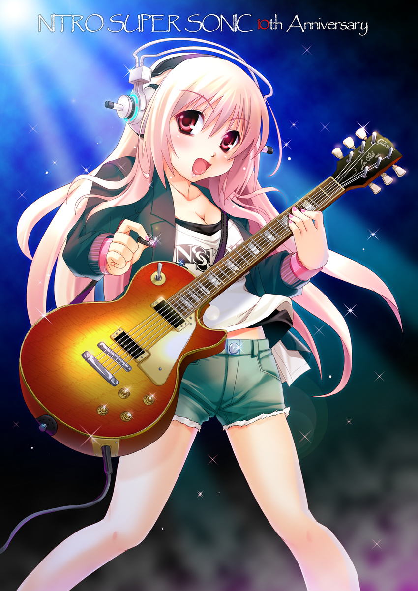 absurdres breasts cleavage denim denim_shorts guitar headphones highres instrument kouki_kuu medium_breasts nail_polish nitroplus pink_eyes pink_hair pink_nails plectrum shorts solo super_sonico