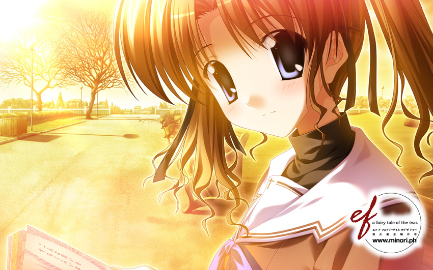 blue_eyes brown_hair ef hayama_mizuki highres nanao_naru ponytail school_uniform solo sunset wallpaper