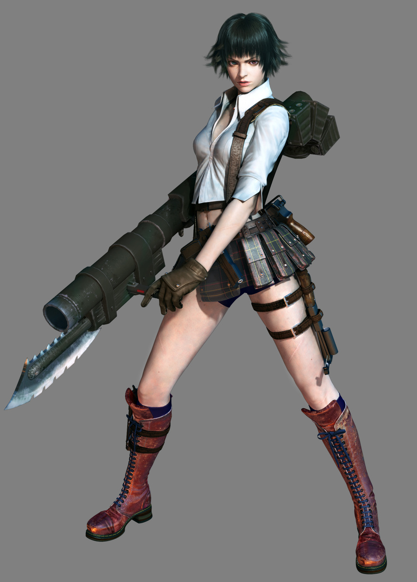 3d absurdres angry artist_request bazooka belt belt_pouch black_hair blue_eyes boots crop_top devil_may_cry devil_may_cry_3 fighting_stance full_body gloves gun gunlance heterochromia highres huge_weapon knee_boots knife lady_(devil_may_cry) leather lips lipstick makeup midriff navel official_art open_mouth plaid pouch red_eyes red_lipstick scar short_hair short_shorts shorts simple_background solo standing strap thigh_strap weapon