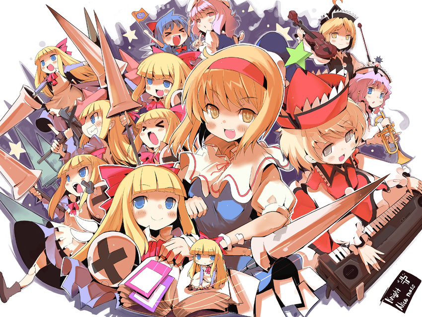 &gt;_&lt; +_+ 6+girls alice_margatroid bad_id bad_pixiv_id blonde_hair blue_eyes blue_hair book brown_hair chibi cirno closed_eyes doll hairband hat hiruma_andon instrument keyboard_(instrument) lance lavender_hair letty_whiterock long_hair lunasa_prismriver lyrica_prismriver merlin_prismriver multiple_girls perfect_cherry_blossom polearm shanghai_doll short_hair touhou trumpet violin weapon wings yellow_eyes