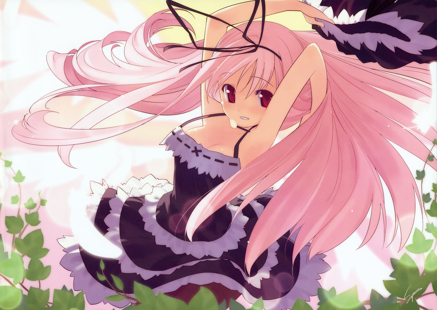 absurdres blush dress garden_(game) highres himemiya_ruri leaf long_hair pantyhose pink_hair red_eyes solo sumaki_shungo