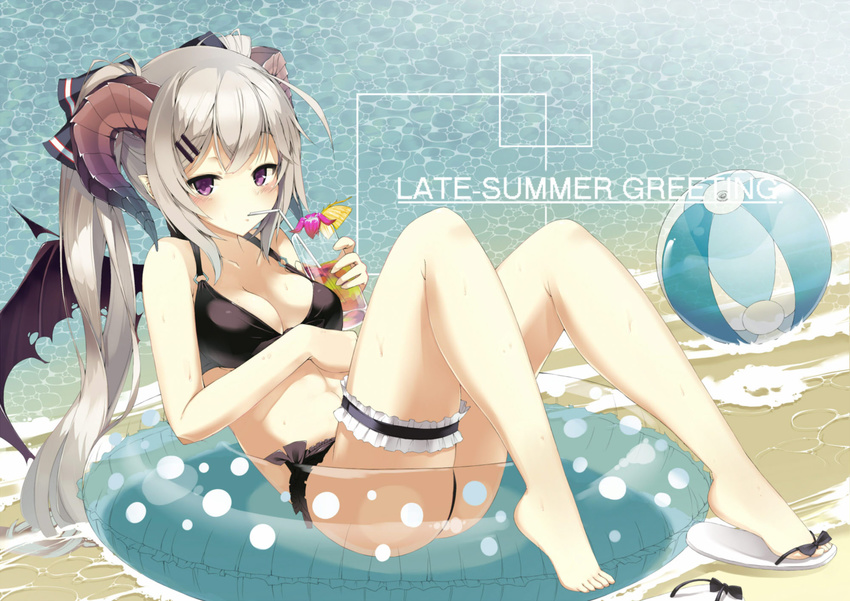 ball bangs barefoot beach beachball bendy_straw bikini black_bikini black_wings blush breasts cleavage cocktail cup demon_girl demon_horns drinking drinking_glass drinking_straw flip-flops full_body grey_hair hair_ornament hair_ribbon hairclip hand_on_own_stomach highres holding holding_cup horns innertube knees_up leg_garter long_hair looking_at_viewer medium_breasts no_socks ocean original outdoors purple_eyes revision ribbon sandals sheep_horns shoes side-tie_bikini single_sandal single_shoe sitting solo sweat swimsuit thigh_strap torn_wings tropical_drink twintails very_long_hair water wings yuui_hutabakirage zanshomimai