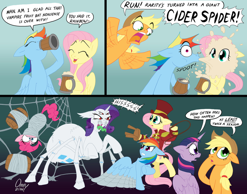 2014 applejack_(mlp) arachnid arthropod barrel blonde_hair cider clothing cobweb cowboy_hat cutie_mark dialog drink earth_pony eight_legs english_text equine fangs female fluttershy_(mlp) four_eyes friendship_is_magic green_eyes hair hat horn horse liquid mammal my_little_pony omny87 pegasus pinkie_pie_(mlp) pony purple_hair rainbow_dash_(mlp) rarity_(mlp) red_eyes slit_pupils spider spiders_web spit_take stool text tongue tongue_out top_hat twilight_sparkle_(mlp) unicorn whip winged_unicorn wings