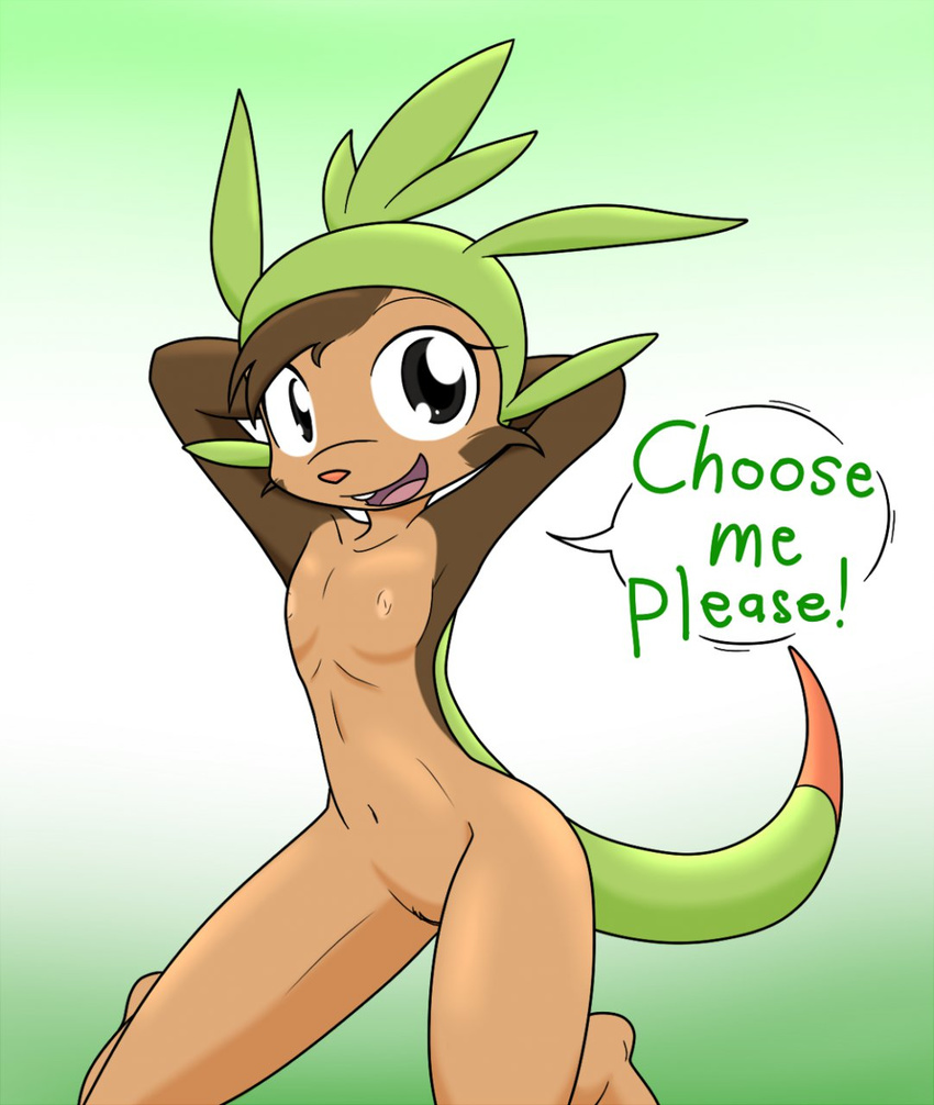 anthro areola brown_fur chespin female fur grey_eyes looking_at_viewer nintendo nipples pok&eacute;mon solo text theoretical_chaos video_games