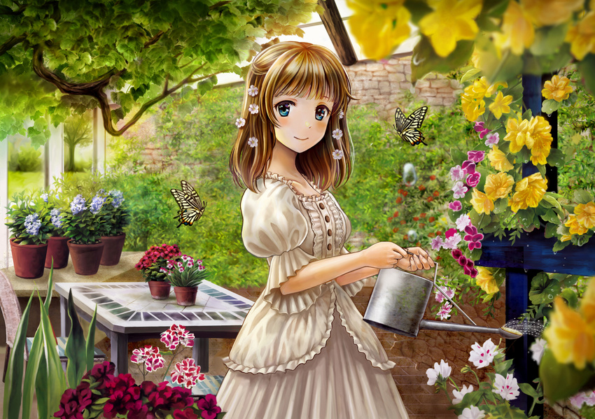 blue_eyes blush brown_hair bug bush butterfly chocolat dress flower flower_pot hair_flower hair_ornament highres insect original short_hair smile solo table tree watering_can