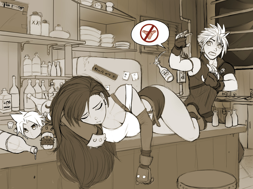 1girl absurdres alcohol bar character_doll closed_eyes cloud_strife commentary drunk earrings embarrassed final_fantasy final_fantasy_vii fingerless_gloves gloves highres jewelry monochrome no_panties ronindude sepia sleeping speech_bubble spot_color suspenders tank_top tifa_lockhart