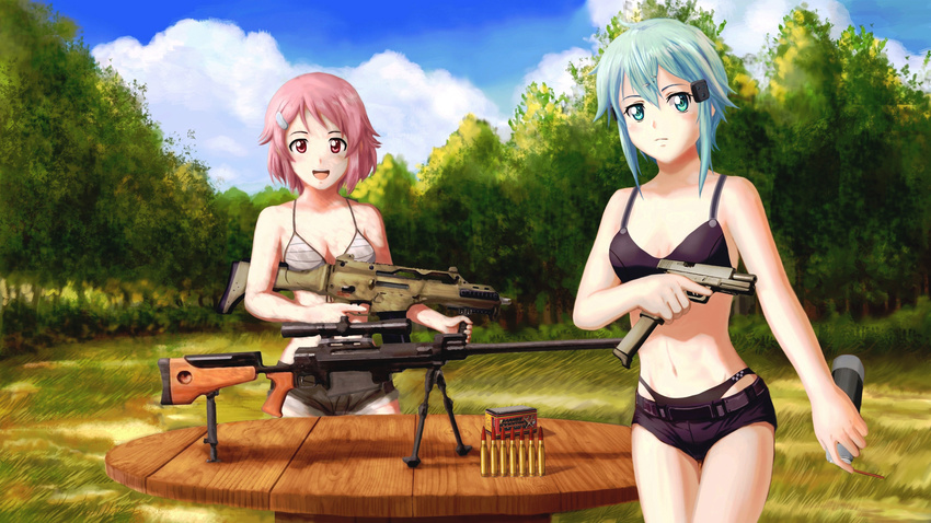 anti-materiel_rifle assault_rifle bikini bipod blue_eyes blue_hair breasts cartridge cleavage extended_magazine g36c glock gun handgun highres hk_vp70 lisbeth locked_slide looking_at_viewer multiple_girls navel open_mouth pgm_hecate_ii pink_hair pistol red_eyes rifle scope short_hair short_shorts shorts sinon small_breasts smile sniper_rifle striped striped_bikini swimsuit sword_art_online trigger_discipline weapon