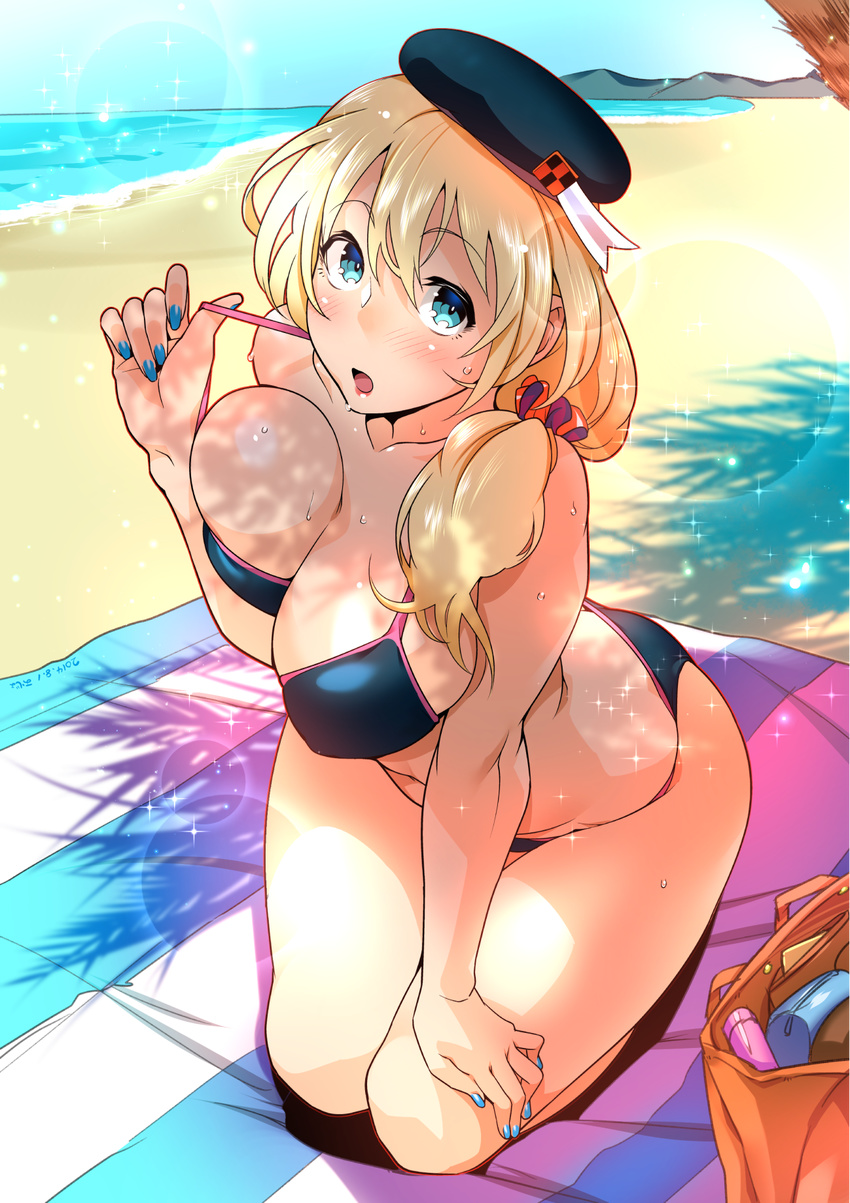 aqua_eyes atago_(kantai_collection) bag beach bikini blonde_hair blush breast_press breasts day hat highres kantai_collection large_breasts long_hair ocean ojo_(dfreak) open_mouth revision seiza sitting solo swimsuit