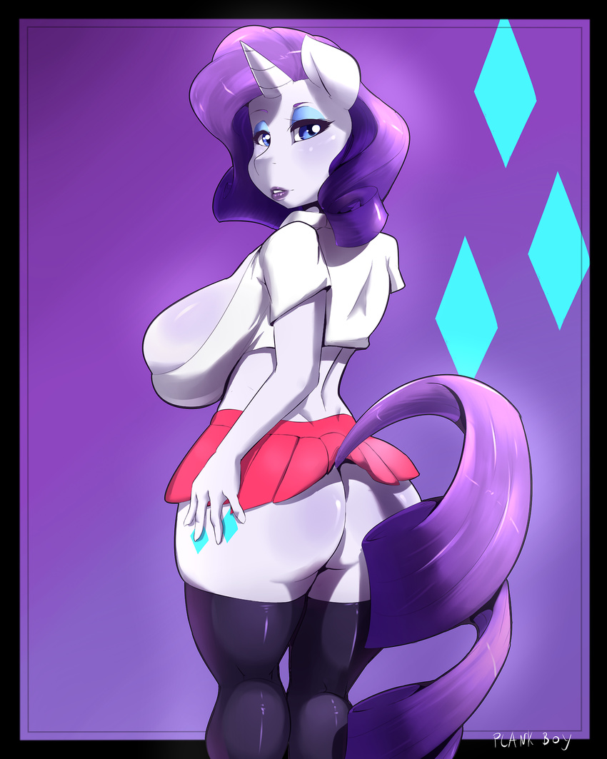 abstract_background anthro back_turned bedroom_eyes big_breasts blue_eyes blush breasts clothed clothing cutie_mark equine eyeshadow female friendship_is_magic fur hair hooves horn horse legwear lipstick looking_at_viewer looking_back makeup mammal my_little_pony plankboy pony presenting purple_hair raised_tail rarity_(mlp) school_uniform schoolgirl_uniform skirt solo standing stockings unicorn white_fur