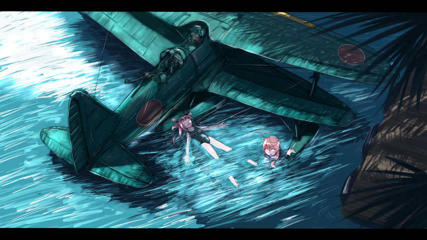 absurdres aircraft airplane biplane brown_hair hair_ribbon highres i-19_(kantai_collection) i-58_(kantai_collection) kabu_(yuyuibob) kantai_collection letterboxed long_hair multiple_girls palm_tree pier ribbon school_swimsuit swimsuit tree water