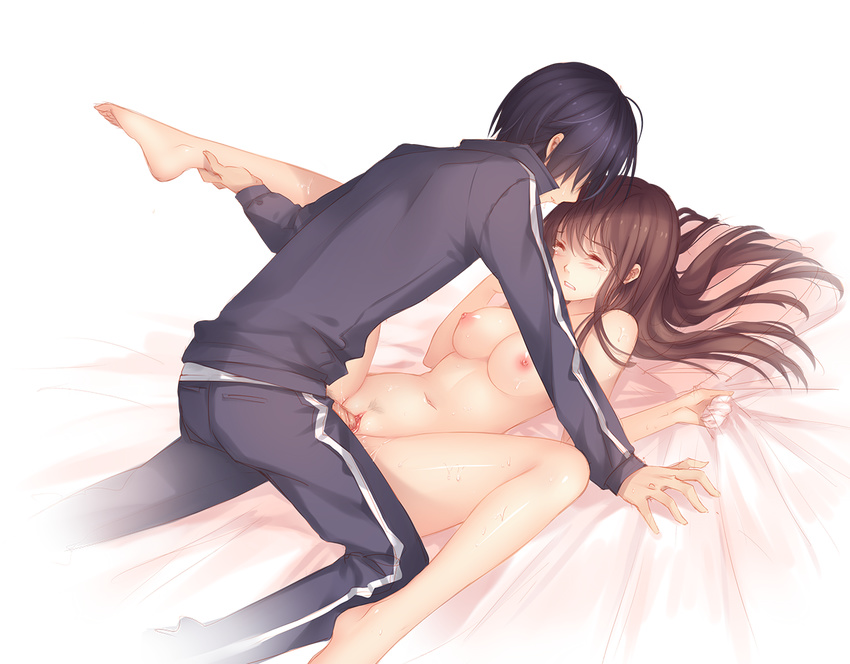 1girl bed_sheet black_hair breasts brown_hair cleavage closed_eyes clothed_male_nude_female hetero iki_hiyori leg_hold long_hair long_legs lying medium_breasts navel noragami nude on_back open_fly penis pillow pubic_hair pussy sex sheet_grab shiny shiny_skin spread_legs tidsean track_suit vaginal yato_(noragami)