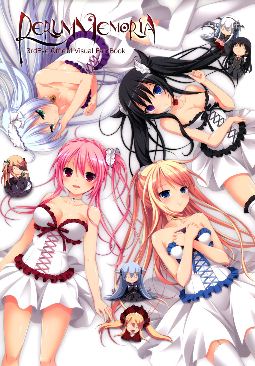 absurdres bed bed_sheet black_hair bloody_rondo blue_eyes breasts brown_hair character_request chibi cleavage collarbone dress empty_eyes eyepatch from_above garter_belt gensou_no_idea green_eyes grey_hair hair_flaps heterochromia highres ichinose_yua irina_e_tolstaya jewelry kenzaki_noel kujou_mitsuki large_breasts looking_at_viewer looking_away lying makita_maki medium_breasts multiple_girls nanami_naru necklace o_o on_back on_bed pantyhose pink_eyes pink_hair ponytail purple_eyes shinigami_no_testament shinomori_rinon side_ponytail thighhighs twintails vivi_alhazerd