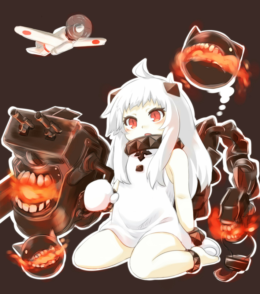 :o aircraft airplane cannon collar creature fire highres kantai_collection kibisake long_hair mittens northern_ocean_hime red_eyes shinkaisei-kan shirt sitting sleeveless sleeveless_shirt wariza white_hair