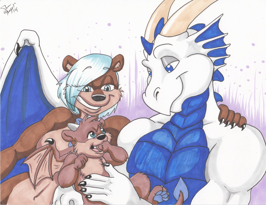 ambiguous_gender anthro baby blue_eyes blue_hair bouncy breasts cub dragon father female hair horn hybrid male mammal mother mustelid otter parent telroth wings young