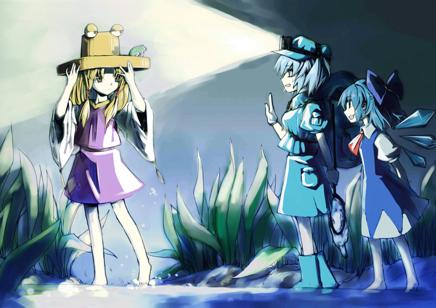 absurdres adjusting_clothes adjusting_hat alpha.e backpack bag barefoot blonde_hair blue_eyes blue_hair boots bow cirno dress flashlight frog gloves hair_bobbles hair_bow hair_ornament hair_ribbon hand_net hat highres ice ice_wings kawashiro_nitori key long_hair moriya_suwako multiple_girls night open_mouth ribbon short_hair smile touhou two_side_up water waving wings yellow_eyes