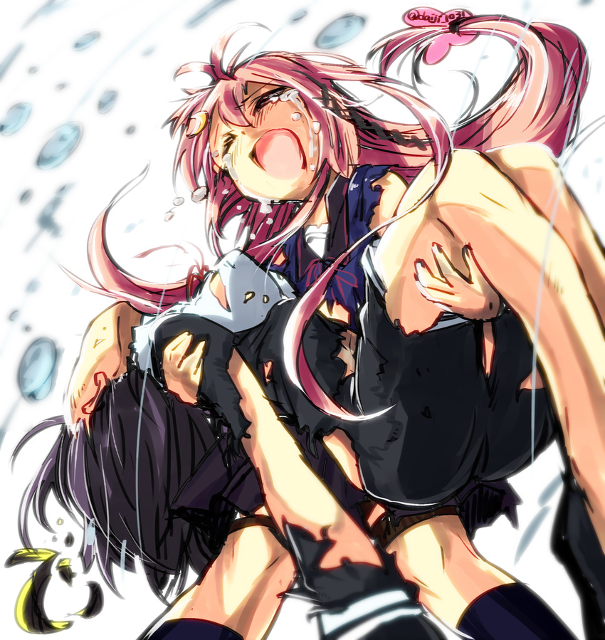 bad_id bad_pixiv_id carrying crescent crescent_hair_ornament crying damaged hair_ornament hair_ribbon highres kantai_collection long_hair low-tied_long_hair mechanical_halo multiple_girls open_mouth pink_hair princess_carry purple_hair ribbon satou_daiji tatsuta_(kantai_collection) tears torn_clothes uzuki_(kantai_collection) very_long_hair