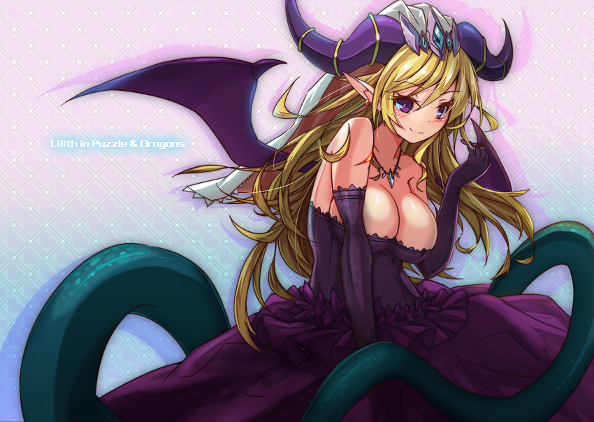 bat_wings blonde_hair blush breasts character_name cleavage copyright_name dress earrings elbow_gloves gloves heart heart_earrings horns jewelry large_breasts lilith_(p&amp;d) long_hair necklace pointy_ears purple_eyes puzzle_&amp;_dragons smile solo sud_(sudea) tail wings